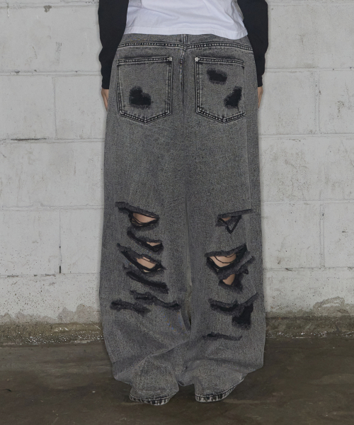 WASHED DAMAGE DENIM PANTS (GRAY) F25ZD979