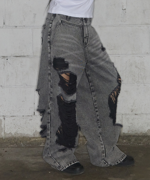 WASHED DAMAGE DENIM PANTS (GRAY) F25ZD979