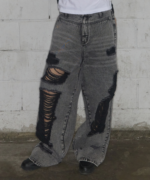 WASHED DAMAGE DENIM PANTS (GRAY) F25ZD979
