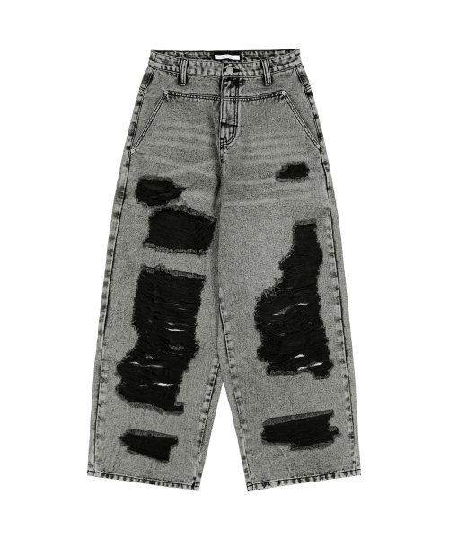 WASHED DAMAGE DENIM PANTS (GRAY) F25ZD979