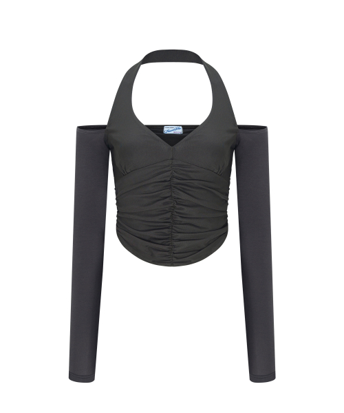 Riley Mesh Shirring Long Sleeve Top (Charcoal)