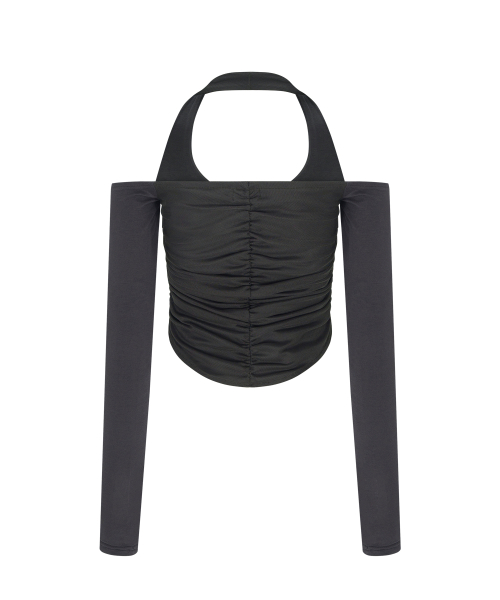 Riley Mesh Shirring Long Sleeve Top (Charcoal)