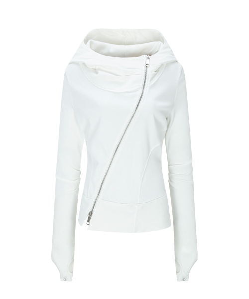 Edie Unbal high-neck Hoodie Zip Up (White)