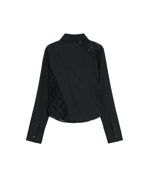 Lace Asymmetric Fitted Shirt, BLACK