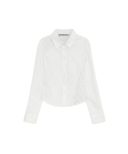Lace Asymmetric Fitted Shirt, WHITE