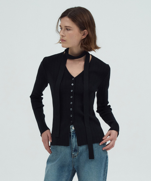 Scarf Ribbed Cardigan[LMBEAUKN285]-3color