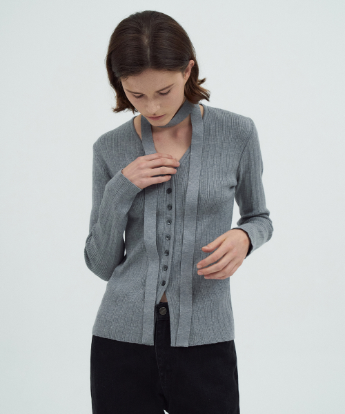 Scarf Ribbed Cardigan[LMBEAUKN285]-3color