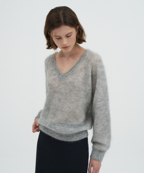 Kid Mohair V-Neck Knit Top[LMBEAUKN290]-2color