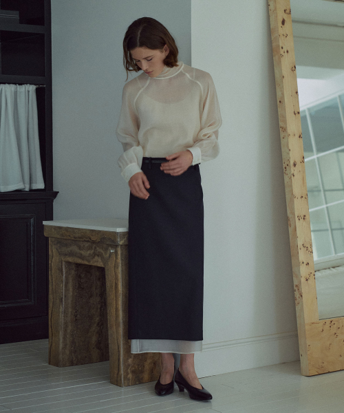 Sheer Layered H-line Skirt[LMBEAUSK404]-Navy