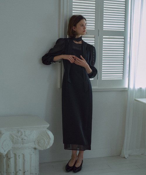 Sheer Layered Tie Dress[LMBFCO25DR803]-Black