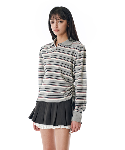W.Striped Slim Shirred Polo [GRAY]_SEWTS014GRAY