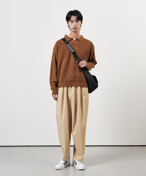 데일리 쓰리턱 와이드 벌룬 밴딩 팬츠 베이지