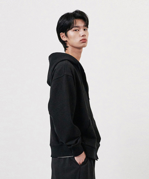 세미 크롭 릴렉스 후드 집업 블랙
