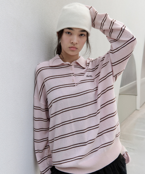 LOOSE FIT COLLAR STRIPE KNIT PINK