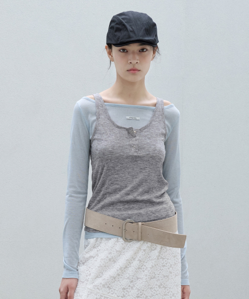 SLEEVELESS LAYERED T-SHIRT SET BL+GY