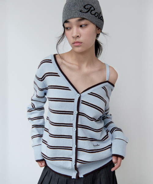 ONE OFF SHOULDER STRIPE WOOL BLENDED CARDIGAN BLUE
