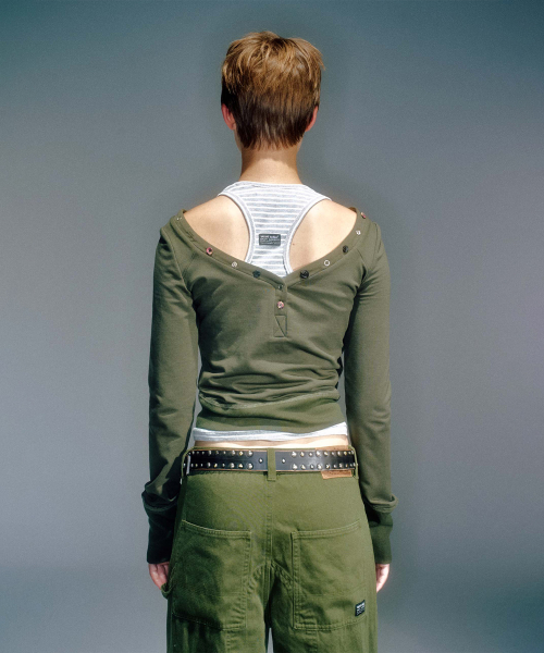 RINA BOATNECK BUTTON LONG SLEEVE TOP KHAKI