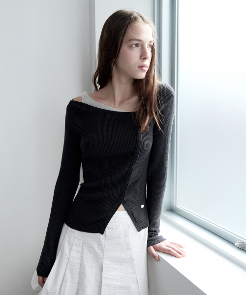 WOOL BLENDED CUT OUT BUTTON KNIT CHARCOAL
