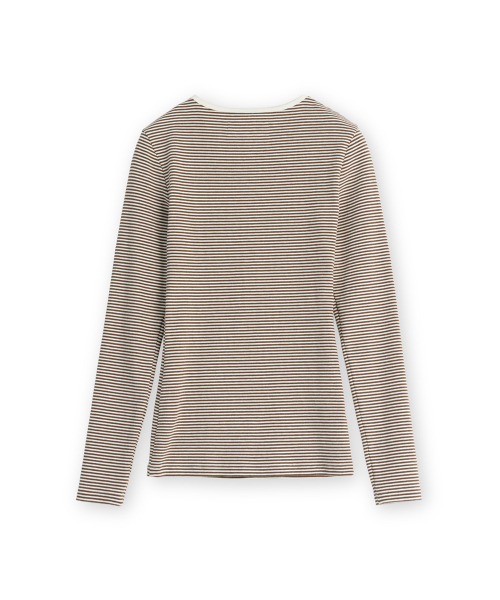 W Henley Neck Long Sleeve, Brown Stripe