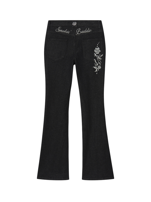 2-PIECE POCKET BELT DENIM PANTS BLACK WASHED
