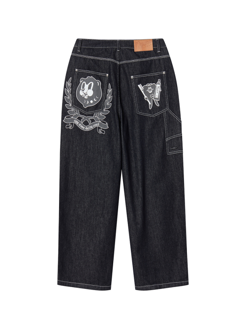 2-PIECE POCKET BELT DENIM PANTS BLACK WASHED