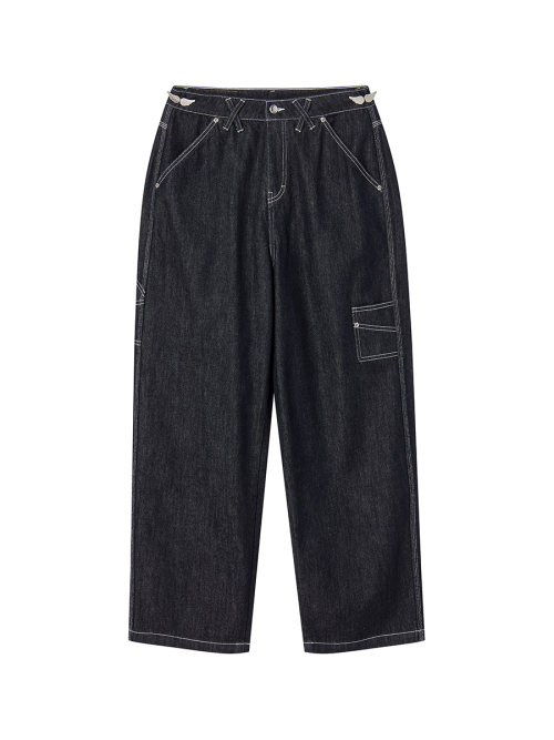 2-PIECE POCKET BELT DENIM PANTS BLACK WASHED
