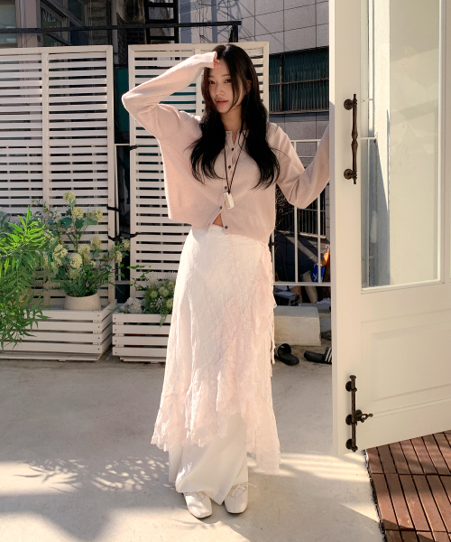 FRILL LACE WRAP SKIRT-peach