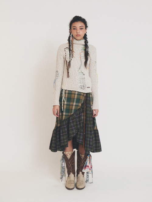 MIX CHECK WRAP SKIRT KHAKI