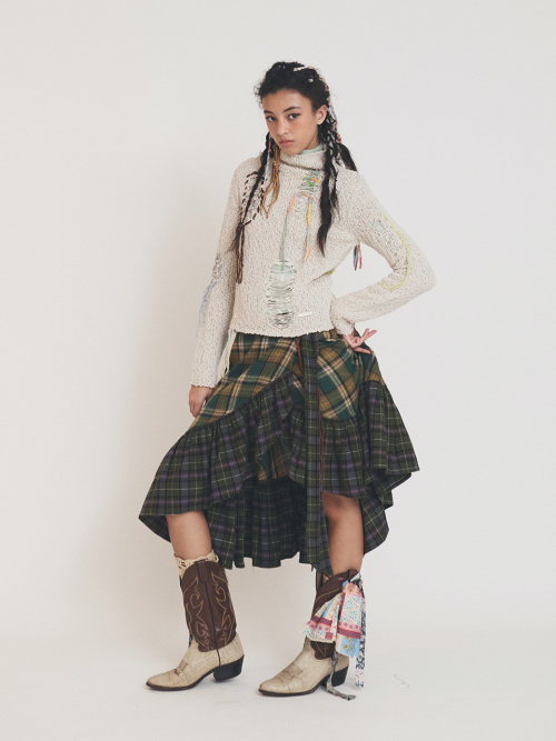 MIX CHECK WRAP SKIRT KHAKI