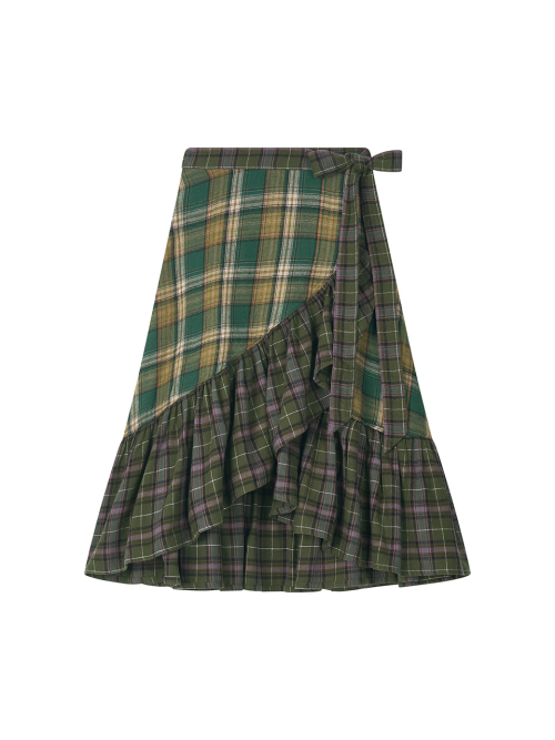 MIX CHECK WRAP SKIRT KHAKI
