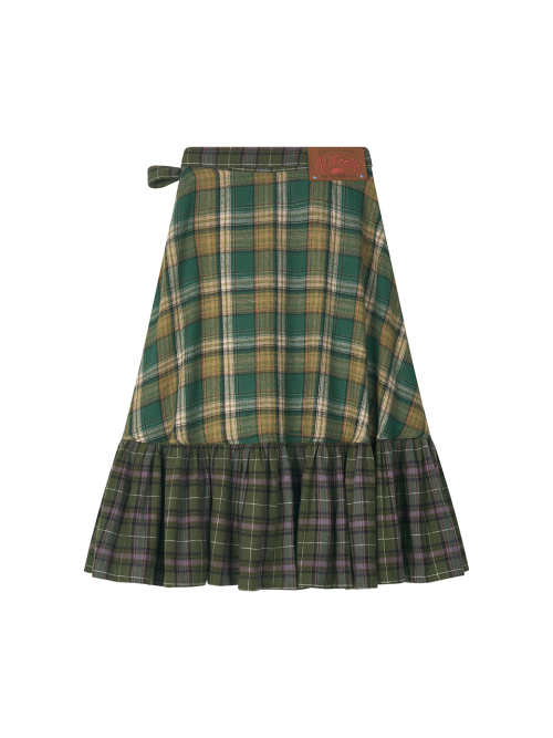 MIX CHECK WRAP SKIRT KHAKI