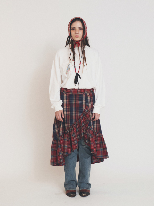 MIX CHECK WRAP SKIRT RED