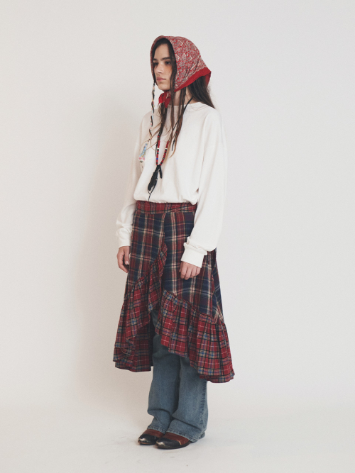 MIX CHECK WRAP SKIRT RED