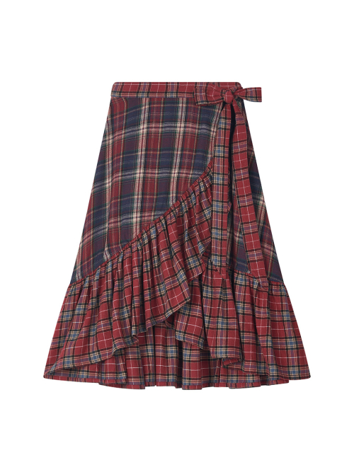 MIX CHECK WRAP SKIRT RED
