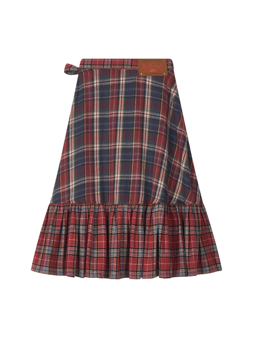 MIX CHECK WRAP SKIRT RED