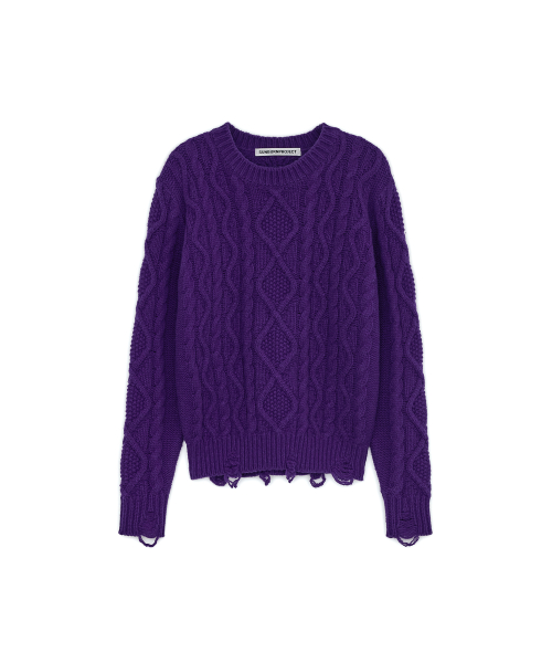 Damaged Cable Wool Knit, PURPLE