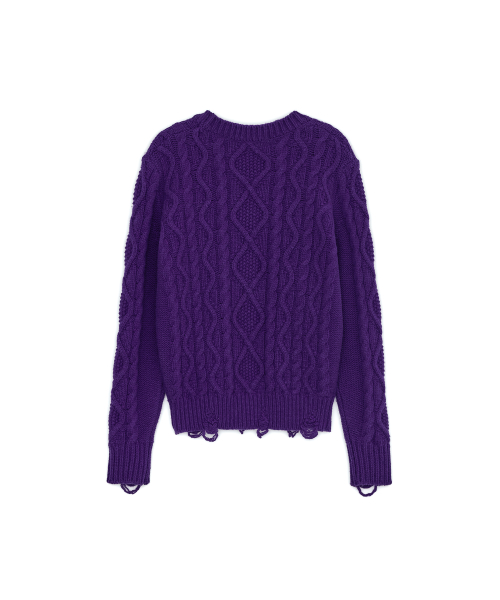 Damaged Cable Wool Knit, PURPLE