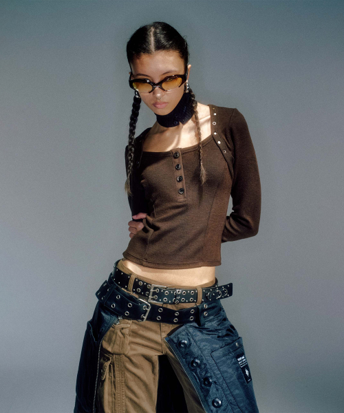 JANE STUD BOLERO KNIT TOP BROWN