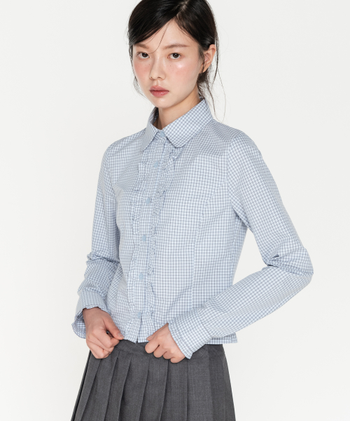 블루체크 프릴 블라우스