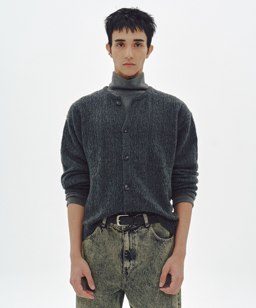 CASHMERE CROCHET CARDIGAN (CHARCOAL)