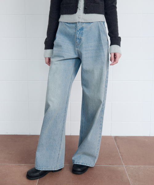 PINTUCK WIDE DENIM PANTS BLUE