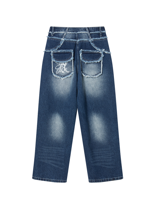 2-PIECE POCKET BELT DENIM PANTS BLACK WASHED