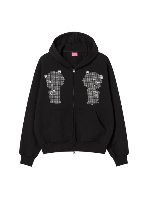 RHINESTONE DALGOMM HOOD ZIP-UP BLACK