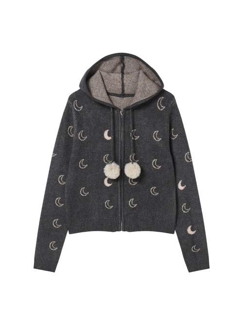 MOON KNITTED ZIP-UP HOODIE CHARCOAL