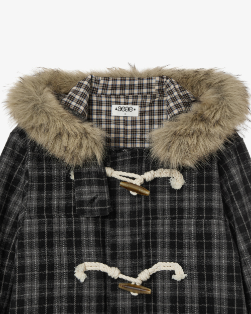 FUR HOOD DUFFLE COAT [CHECK BLACK]