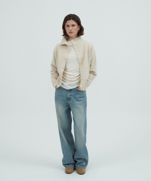 High Neck Button Raccoon Cardigan[LMBFWI25KN298]-Mood cream