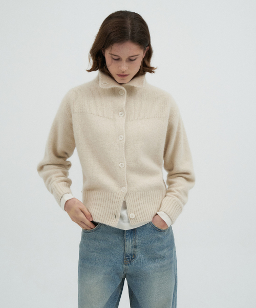High Neck Button Raccoon Cardigan[LMBFWI25KN298]-Mood cream