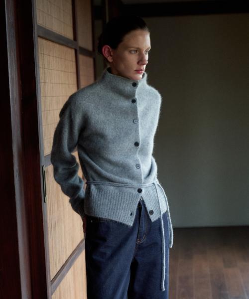 High Neck Button Raccoon Cardigan[LMBEWIKN298]-Gray