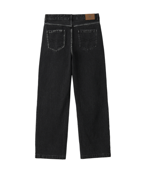Grain Curved Seam Washed Denim Pants - BLACK