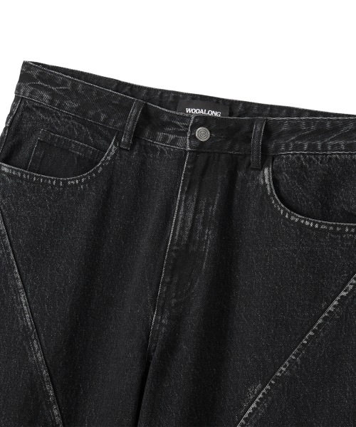 Grain Curved Seam Washed Denim Pants - BLACK